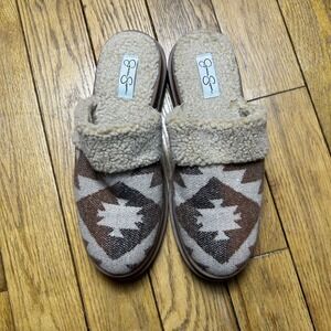 Jessica Simpson Southwestern Knit Platform Mules Faux Shearling Slippers Brown 9